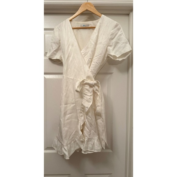 Boden Dresses & Skirts - Boden Wrap Dress Women US 8R White Linen Blend Ruffle Hem Short Sleeve W0337